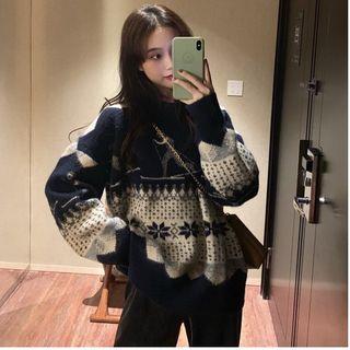 Patterned Loose-fit Sweater / Velvet Loose-fit Pants