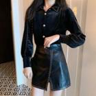 Velvet Shirt / Faux-leather A-line Skirt
