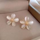 Cat Eye Stone Flower Earring 1 Pair - White & Gold - One Size