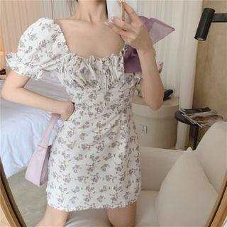 Short-sleeve Floral Square-neck Mini Dress As Shown In Figure - One Size