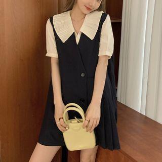 Lapel Plain Top / Shift Oversize Accordion Pleat Dress
