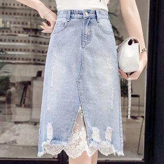 Frayed Hem Lace Trim A-line Denim Skirt