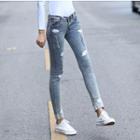 Lips Print Distressed Washed Skinny Jeans