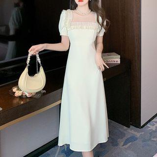 Square-neck Puff-sleeve Ruffled Midi A-line Dress