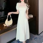 Square-neck Puff-sleeve Ruffled Midi A-line Dress