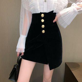 Asymmetric Hem Buttoned Mini Pencil Skirt