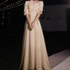 Elbow-sleeve Floral Applique A-line Gown