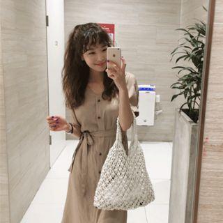 Short-sleeve V-neck Shirtdress With Sash