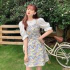 Set: Puff-sleeve Top + Floral Mini A-line Overall Dress