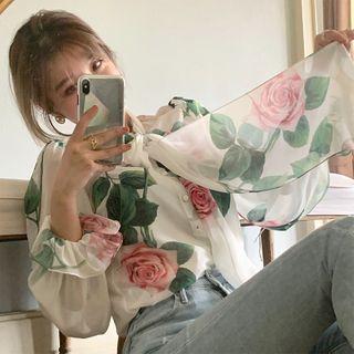 Printed Rose Lace Up Long-sleeved Shirt