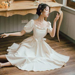 Puff-sleeve Frill Trim Bow Accent Midi A-line Dress