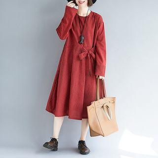Long-sleeve Stripe Tie-waist Linen Midi A-line Dress