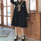Long-sleeve Frill Trim Sailor Collar A-line Dress