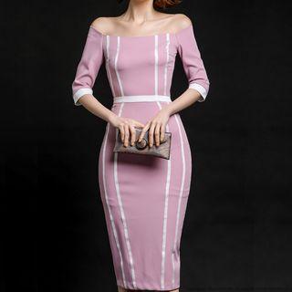 Striped Off-shoulder Midi Sheath Dress