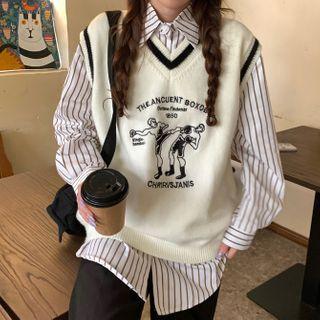 Striped Shirt / Cartoon Print Knit Vest