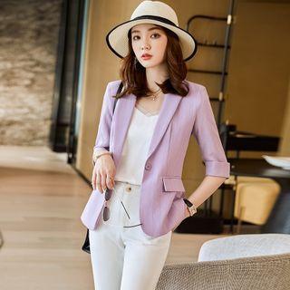 Short-sleeve One-button Blazer / Spaghetti Strap Floral Print Midi A-line Dress / Set