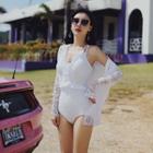 Set: Frill Trim Lace-up Swimsuit + Lace Cover-up