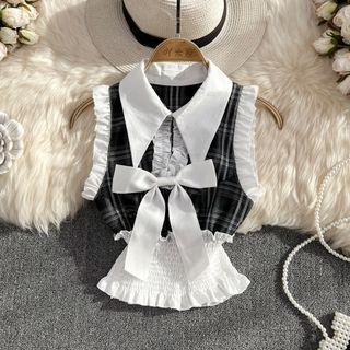 Sleeveless Gingham Panel Frilled Top Black - One Size