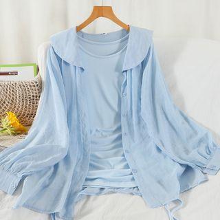 Set: Button-up Jacket + Sleeveless Drawstring Mini Dress