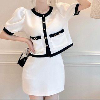 Puff-sleeve Contrast Trim Single-breasted Jacket / Mini A-line Skirt