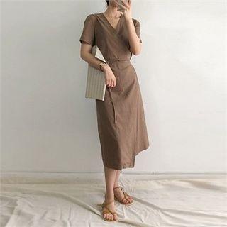 Short-sleeve Wrap-front Linen Midi Dress