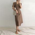 Short-sleeve Wrap-front Linen Midi Dress