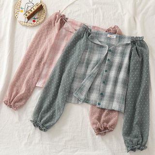 Dotted Panel Plaid Blouse