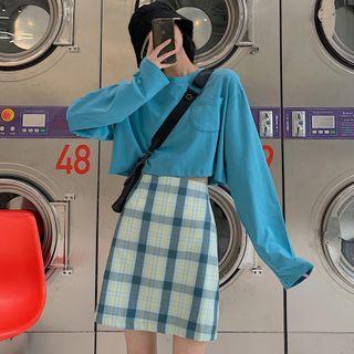 Long-sleeve Cropped T-shirt / Plaid Mini Skirt