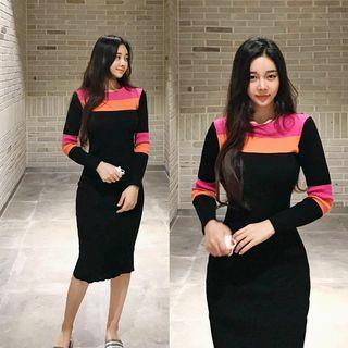 Color Block Long-sleeve Midi Sheath Dress