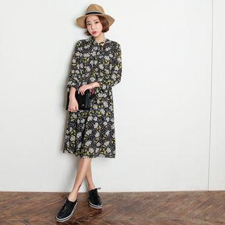 Tie-neck Floral Pattern A-line Dress