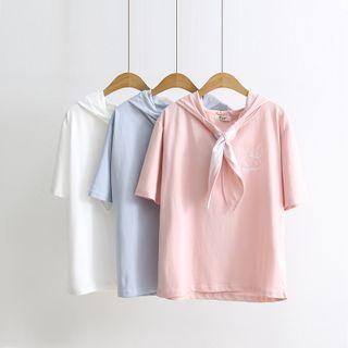 Tie-neck Rabbit Embroidered Elbow-sleeve Hoodie