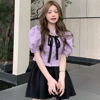 Puff-sleeve Plain Cropped Blouse / Mini A-line Skirt