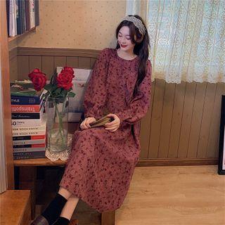 Long-sleeve Floral Print Midi A-line Dress Light Purple - One Size
