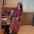 Long-sleeve Floral Print Midi A-line Dress Light Purple - One Size
