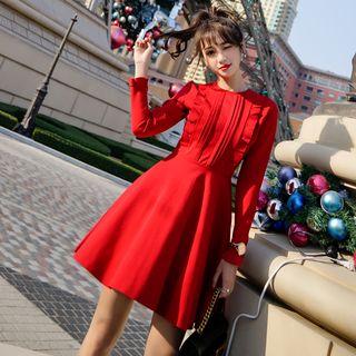Plain Frill Trim Long Sleeve A-line Dress