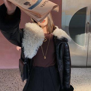 Furry Trim Single-breasted Faux Leather Jacket