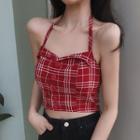 Plaid Buttoned Halter-neck Crop Top