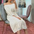 Off-shoulder Gathered-waist Eyelet-lace Dress