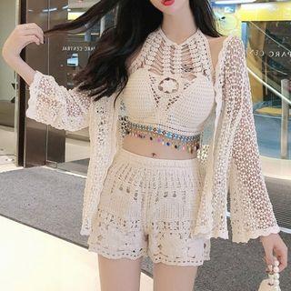 Perforated Halter Knit Top / Shorts / Light Jacket