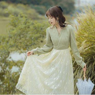 Mock Two-piece Long-sleeve Knit Panel Lace Midi A-line Dress