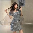 Glittered Puff-sleeve Slim-fit Dress
