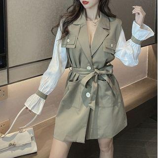 Two-tone Panel Button Mini A-line Dress