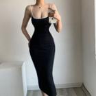 Spaghetti Strap Contrast Trim Midi Sheath Dress
