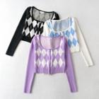 Long-sleeve Square-neck Argyle Zip Knit Cropped Top