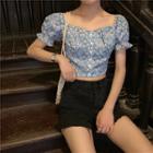 Floral Short-sleeve Top Blue - One Size