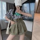 Crewneck Printed Split Top / High-waist Plain Drawstring Wide Leg Shorts