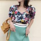 Puff-sleeve Floral Print Cropped Top Black - One Size