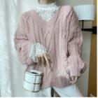 Plain Lace Long-sleeve Top / Distressed Cable-knit Long-sleeve Sweater