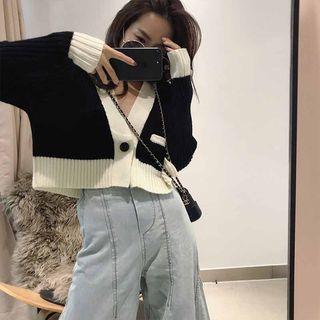 Cropped Contrast Trim Single-button Cardigan