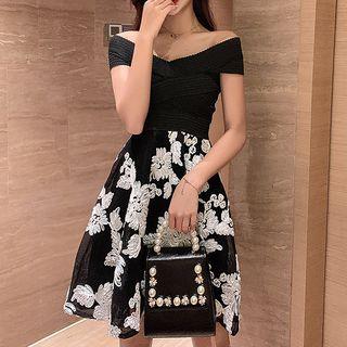 Off-shoulder Mini Embroidered A-line Dress